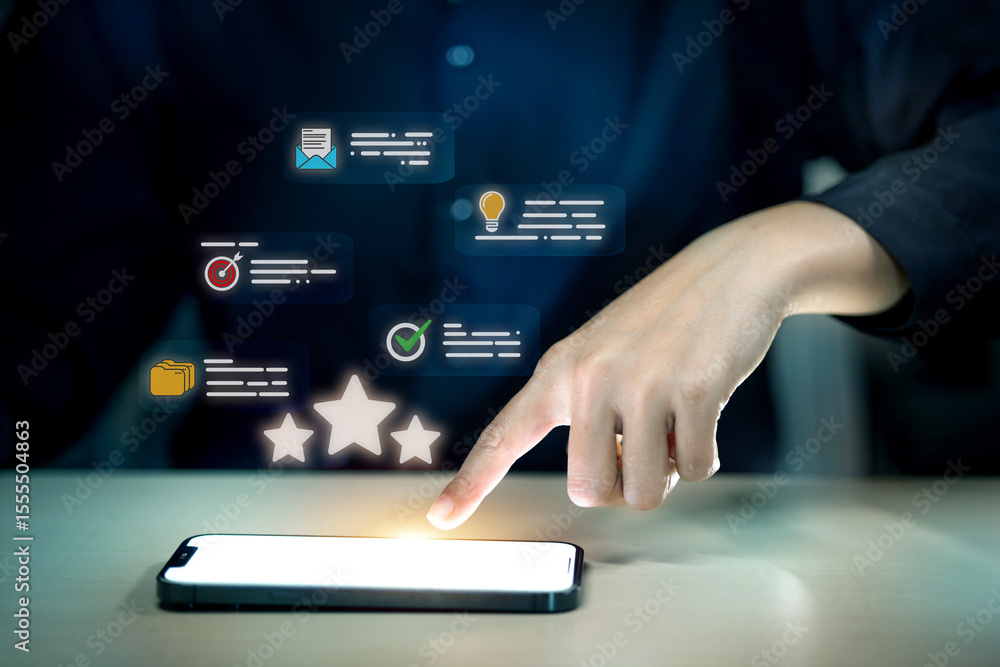 Man using smartphone to manage tasks, goals and customer feedback Man using smartphone to manage tasks, goals and customer feedback