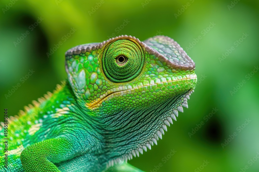 Fototapeta premium Bright green chameleon looking toward camera, textured skin, detailed natural background