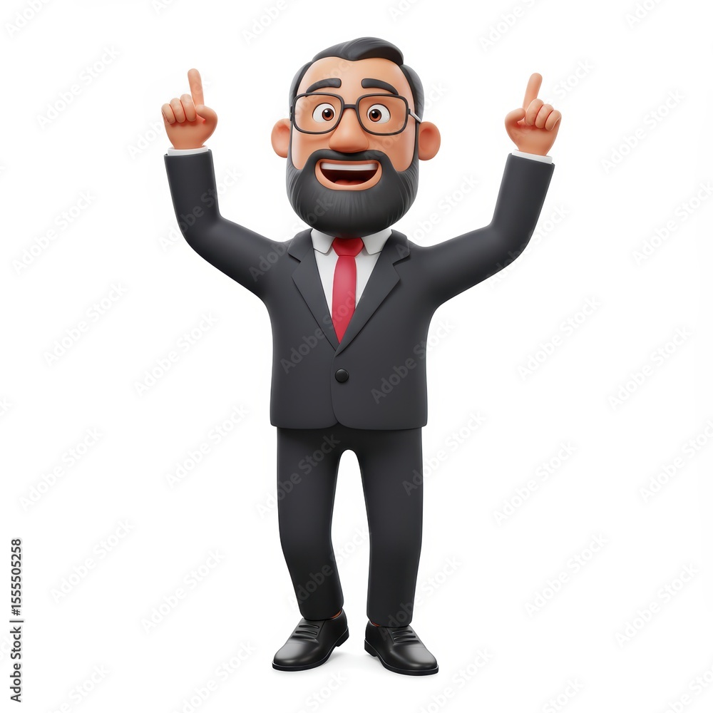 Cheerful Businessman in Suit Points Upwards with Joyful Expression and Enthusiasm Cheerful Businessman in Suit Points Upwards with Joyful Expression and Enthusiasm