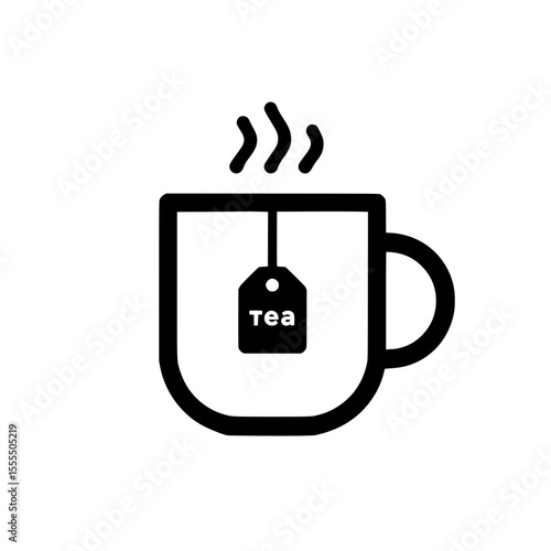 Black tea cup icon with rising steam and labeled tea tag representing a freshly brewed drink