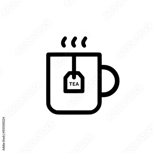 Outline mug icon with steam and visible tea tag representing hot brewed tea
