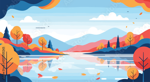 Serene Lakeside Landscape with Autumnal Foliage and Distant Mountains Under a Clear Sky