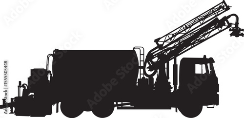 Bitumen Distributor Truck Silhouette in Flat Black with Spraying Arms, Road Construction Vehicles on Transparent Background