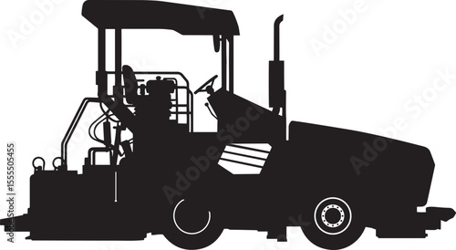 Asphalt Paver Flat Black Silhouette with Screed and Hopper, Road Construction Vehicles on Transparent Background