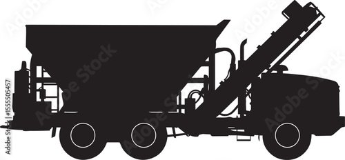 Chip Spreader Construction Vehicle Flat Silhouette with Hopper and Conveyor, Road Construction Vehicles on Transparent Background