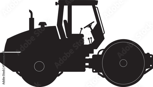 Road Roller Silhouette in Flat Black with Smooth Drum, Road Construction Vehicles on Transparent Background