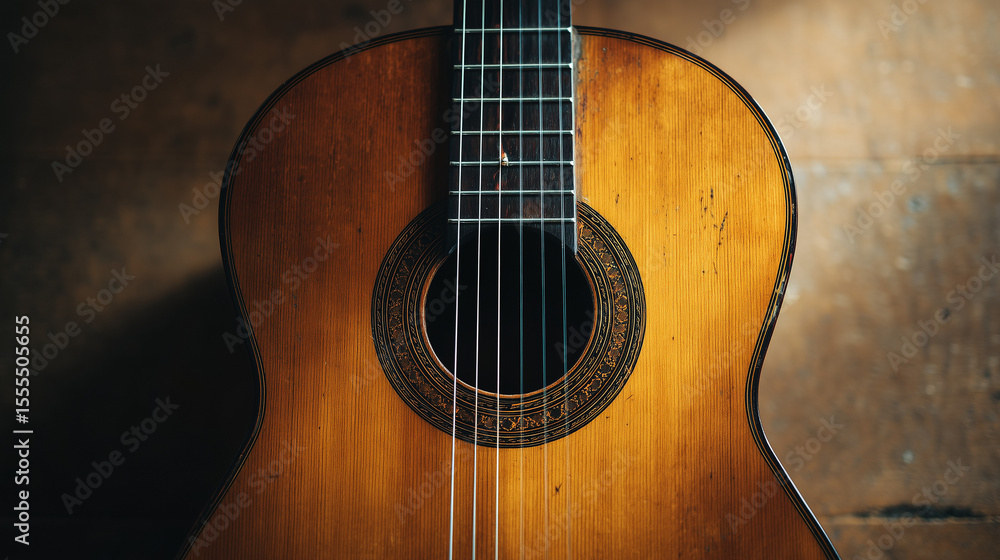 Obraz premium Top down close up view of a classical guitar, showing wooden body, strings, and soundhole detail, perfect for music themes, traditional instrument, and artistic backgrounds.
