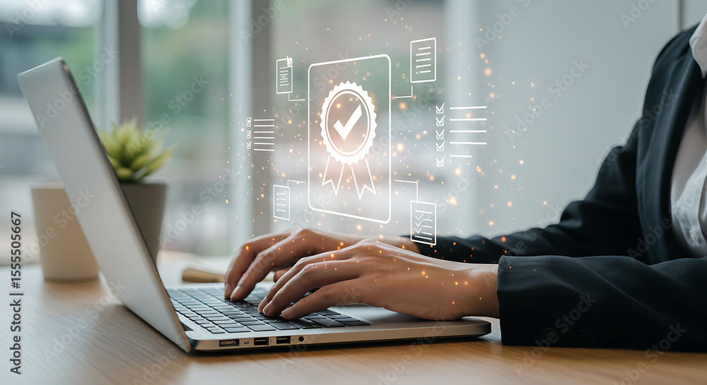 Fototapeta premium Person typing on laptop with quality assurance graphic overlayed on the screen display in bright light