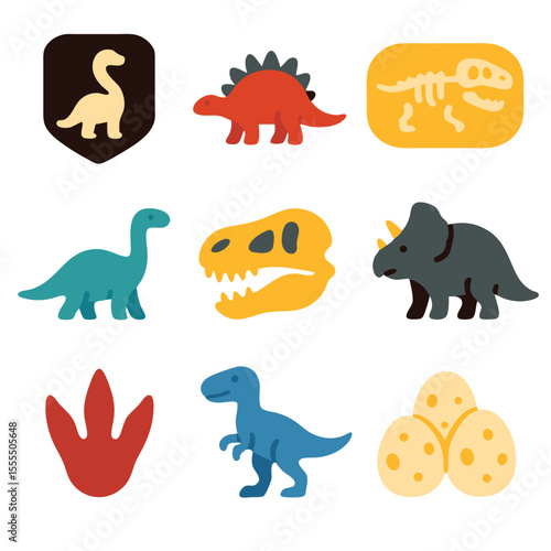 Colorful dinosaurs and fossils create a prehistoric graphic