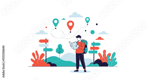 Traveler Navigating Diverse Paths with Map Amidst Scenic Landscapes and Directional Signs Representing Choices and Adventure