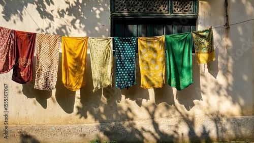 Colorful fabrics drying on a clothesline against a light beige wall