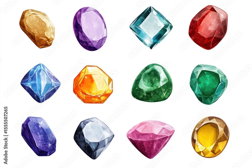 Fototapeta premium birthstone gem set vector, 12 colorful gemstones labeled by month, clean white background