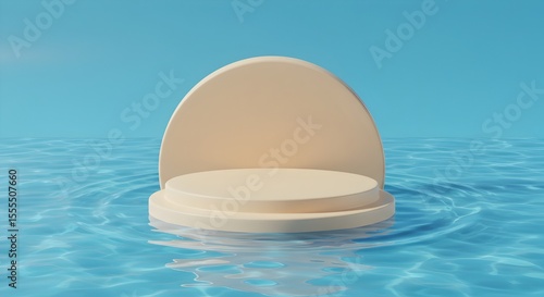 Minimalist 3D Beige Product Podium in Clear Blue Water with Soft Ripples