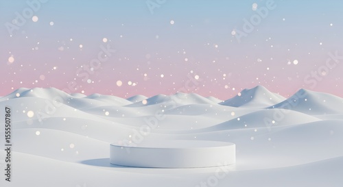 Minimalist White Cylindrical Podium in Surreal Snowy Landscape with Pastel Sky