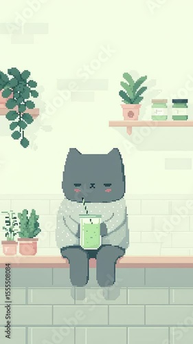 Grey Cat Wearing Sweater Drinking Smoothie on Windowsill Indoors