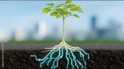Sapling Growing with Technological Roots Symbolizing Nature and Innovation