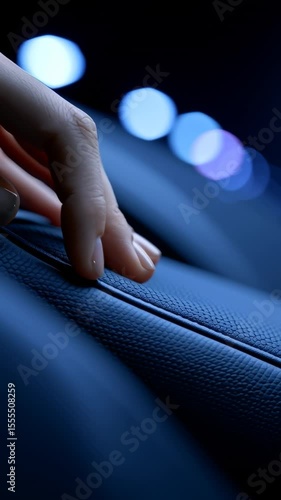 Woman's Hand Gently Touching Car Leather Interior with City Lights
