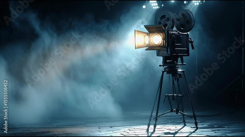 Vintage Film Projector Casting Light on Foggy Stage for Classic Movie Presentation