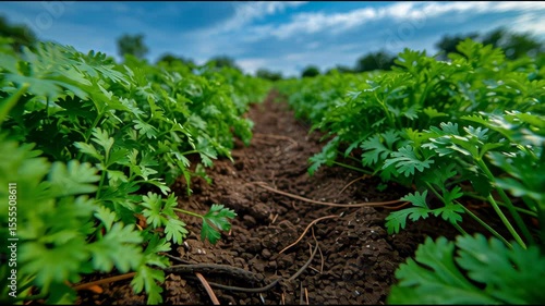 Cilantro Plants Growing in Rich Soil on Thriving Herb Farm
