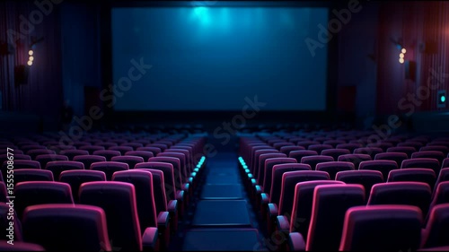 Empty Purple Movie Theater Seats Facing Large Screen in Dark Cinema
