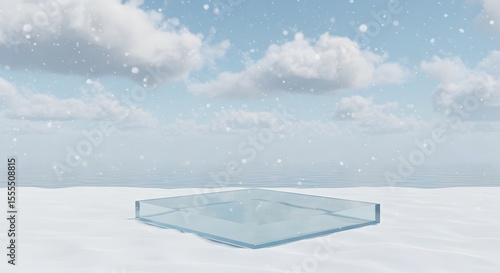 Minimalist Transparent Glass Platform on Snowy Ground