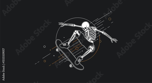 Skeleton Skater Performing an Aerial Trick on a Skateboard with Abstract Geometric Elements and Splatter Effects