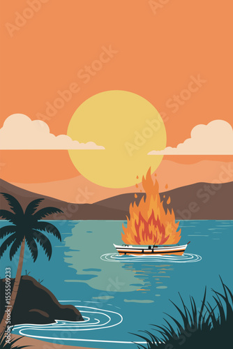 Beach Bonfire and Sailboat Illustration