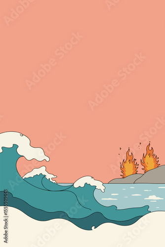 Stylized Ocean Wave and Island Fire