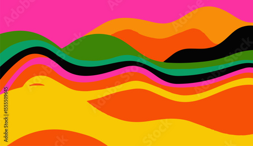 Vector illustration features vibrant, wavy abstract shapes in yellow, pink, orange, green, and black. The popular retro and pop-art style with bold curves and high-contrast colors is up to date.