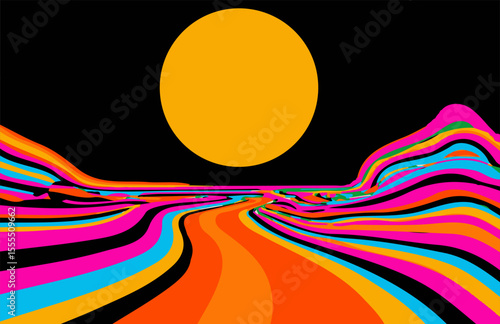 Vector illustration shows a vibrant abstract landscape with wavy hills, a bold yellow sun, and a black sky. The style is retro-modern, using popular neon and bright colors: pink, orange, yellow, blue.