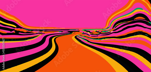 Vector illustration features vibrant, wavy abstract shapes in yellow, pink, orange, green, and black. The popular retro and pop-art style with bold curves and high-contrast colors is up to date.