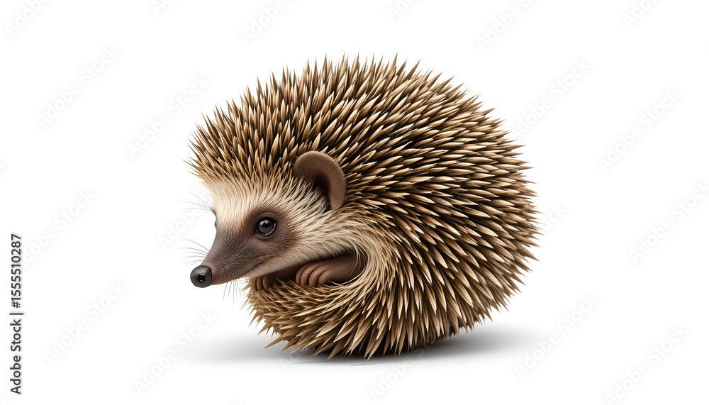 Obraz premium Cute hedgehog curled up on a white background showcases its spiky quills and endearing face in a delightful animal portrait.
