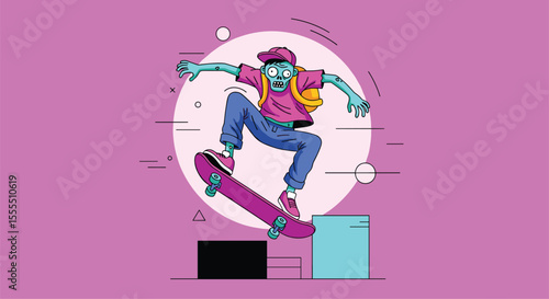 Cool Skater Dude Performs Awesome Trick Mid-Air on Vibrant Pink Background with Abstract Shapes and Geometric Elements