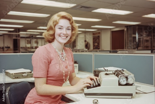 Vintage 1960s office setting with smiling woman typist and retro typewriter encapsulating classic mid-century workplace ambiance, perfect for exploring historical business and technology themes