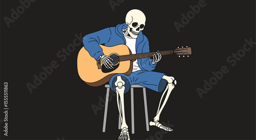 A skeletal musician with a blue jacket plays an acoustic guitar on a stool against a dark background a captivating performance