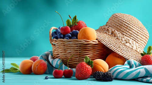 Colorful Basket Filled With Fresh Fruits on a Bright Blue Background Showcasing a Summer Harvest