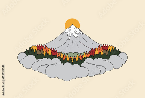 Stylized Mountain Landscape with Autumnal Forest and Clouds