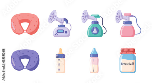 Breastfeeding essentials: breast pumps, baby bottles, nursing pillows and breast milk storage jar vector