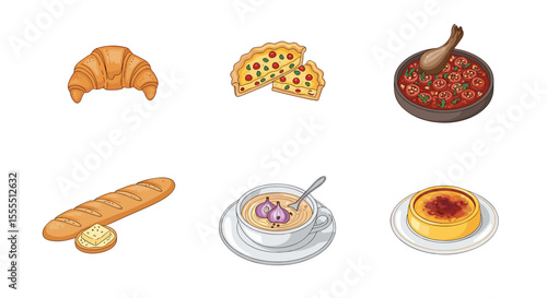 Delicious french cuisine food illustration featuring croissant pizza soup and other tasty dishes art