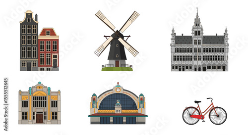 Explore amsterdam and brussels landmarks: canal houses, windmill, grand place, bicycle and more icons