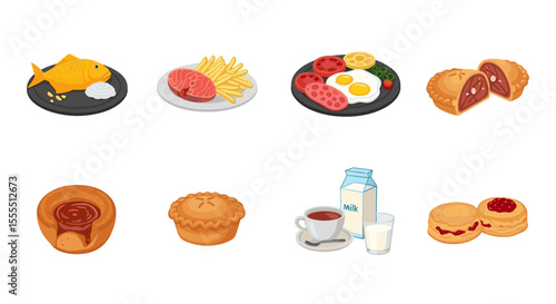 Illustration of diverse british food dishes including fish and chips, pies, breakfast and scones food