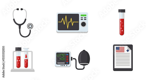 Medical equipment vector illustration featuring stethoscope ekg blood test and blood pressure monitor report