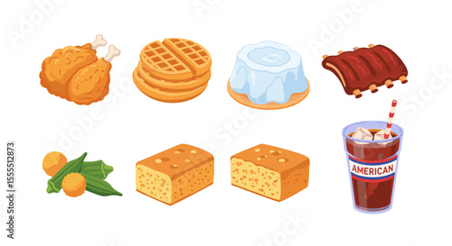 Isometric southern food illustration featuring fried chicken waffles okra cornbread ribs and drink