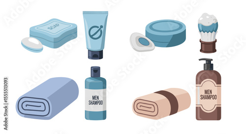 Illustration of men grooming products including shampoo soap towel cream and shaving brush for hygiene