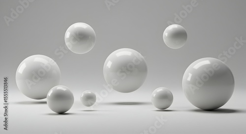 Floating and Resting White Spheres on Light Grey Background