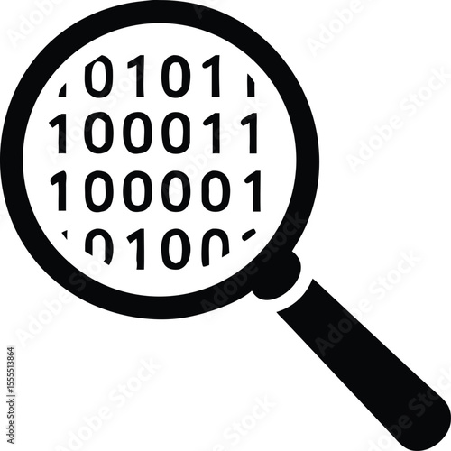 Black silhouette of a magnifying glass revealing binary code concept design