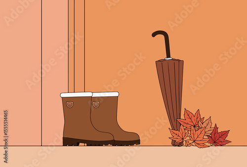 Autumn Still Life with Boots and Umbrella