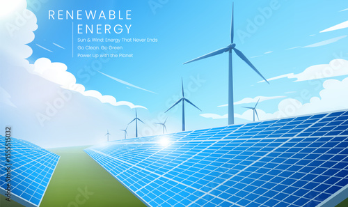 Renewable energy horizontal panel inset contains solar panels and wind turbines
