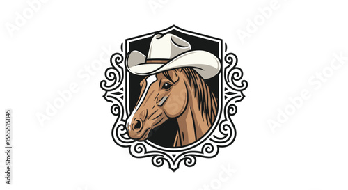 Majestic Brown Horse Wearing a White Cowboy Hat with Ornate Decorative Border Design and White Background