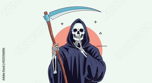 An eerie pixelated depiction of the Grim Reaper holding a large scythe against a soft peach-colored circle and a pale green background